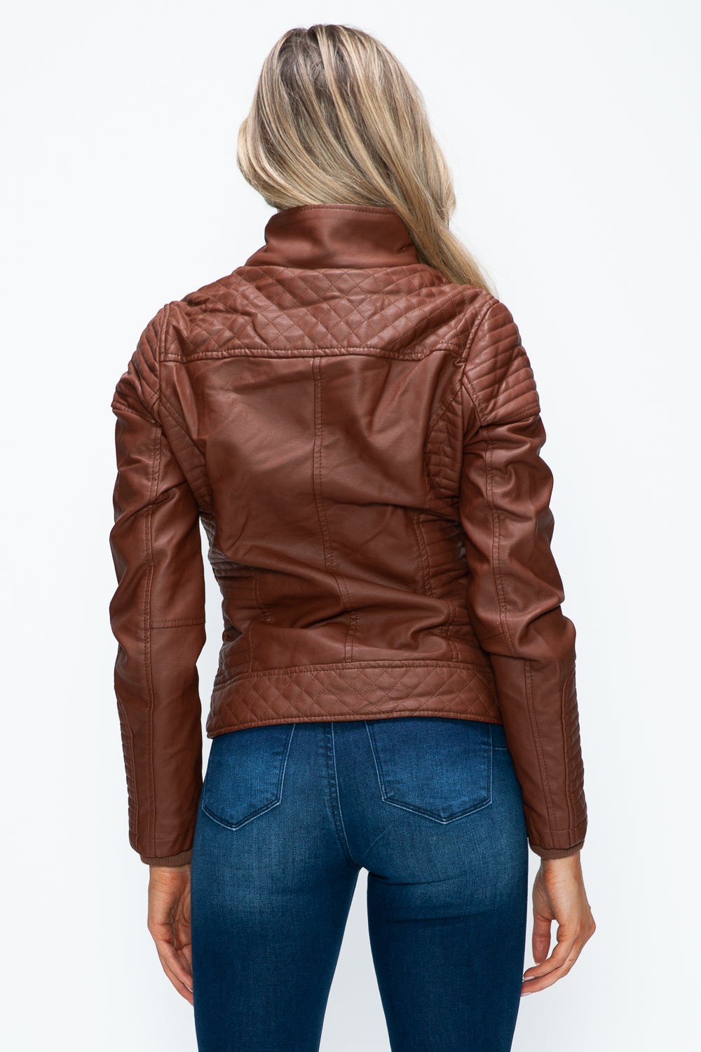 YMI Faux Layered Double-Zipper Jacket with Fuzzy Hood - Teresa's Fashionista LLC