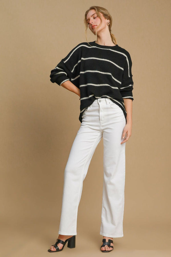 Umgee Wool Blend Striped Round Neck Sweater - Teresa's Fashionista LLC