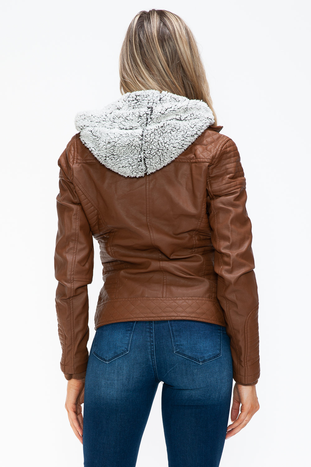 YMI Faux Layered Double-Zipper Jacket with Fuzzy Hood - Teresa's Fashionista LLC