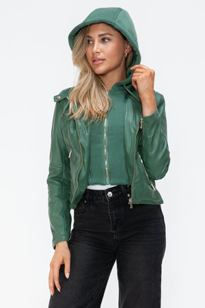 Snobbish Faux Leather Zip Up Drawstring Hooded Jacket - Teresa's Fashionista LLC