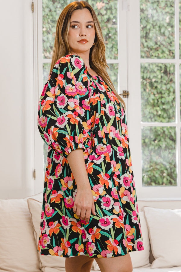 ODDI Full Size Floral Puff Sleeve Mini Dress-Teresa's Fashionista LLC