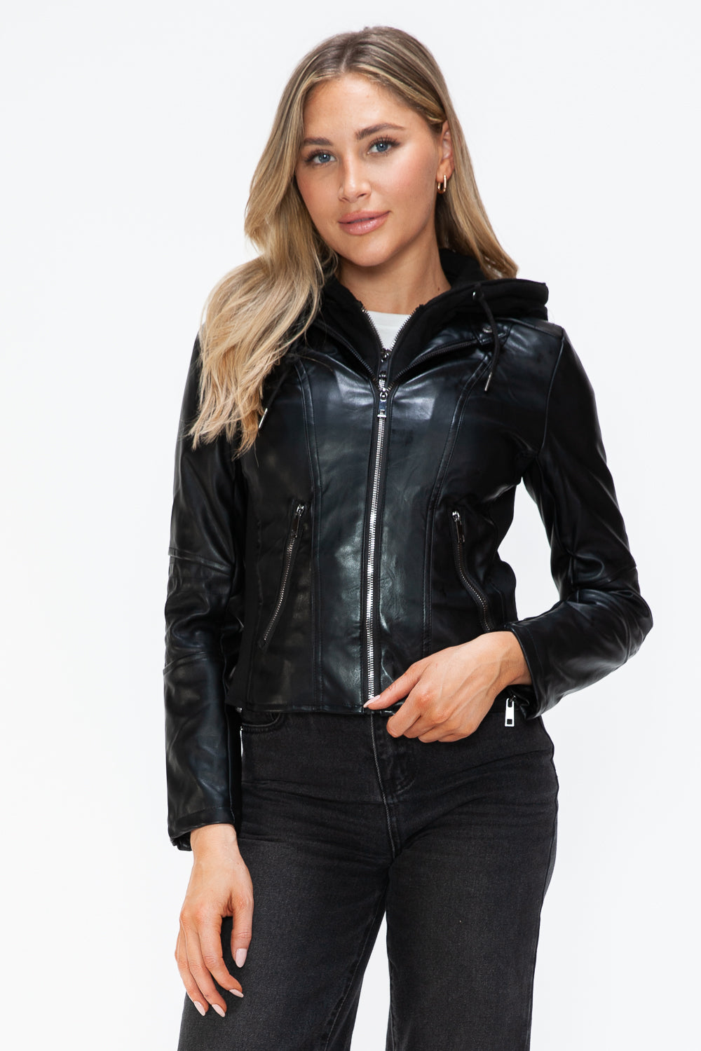 Snobbish Faux Leather Zip Up Drawstring Hooded Jacket - Teresa's Fashionista LLC