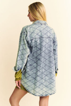 Davi & Dani Curved Hem Diamond Quilted Button Up Denim Shacket - Teresa's Fashionista LLC