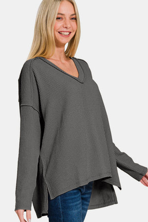 Zenana Texture Exposed Seam V-Neck Long Sleeve T-Shirt - Teresa's Fashionista LLC