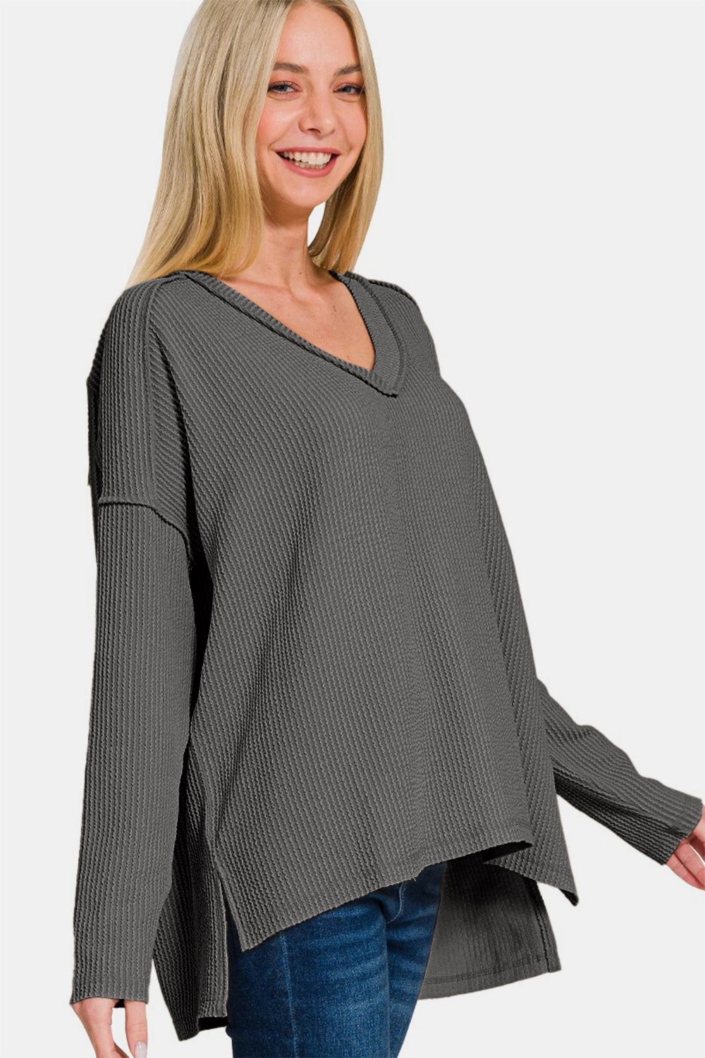 Zenana Texture Exposed Seam V-Neck Long Sleeve T-Shirt - Teresa's Fashionista LLC