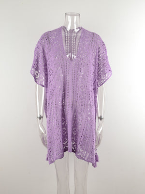 Cutout V-Neck Cover-Up with Tassel-Teresa's Fashionista LLC