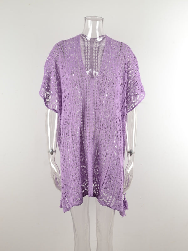 Cutout V-Neck Cover-Up with Tassel-Teresa's Fashionista LLC