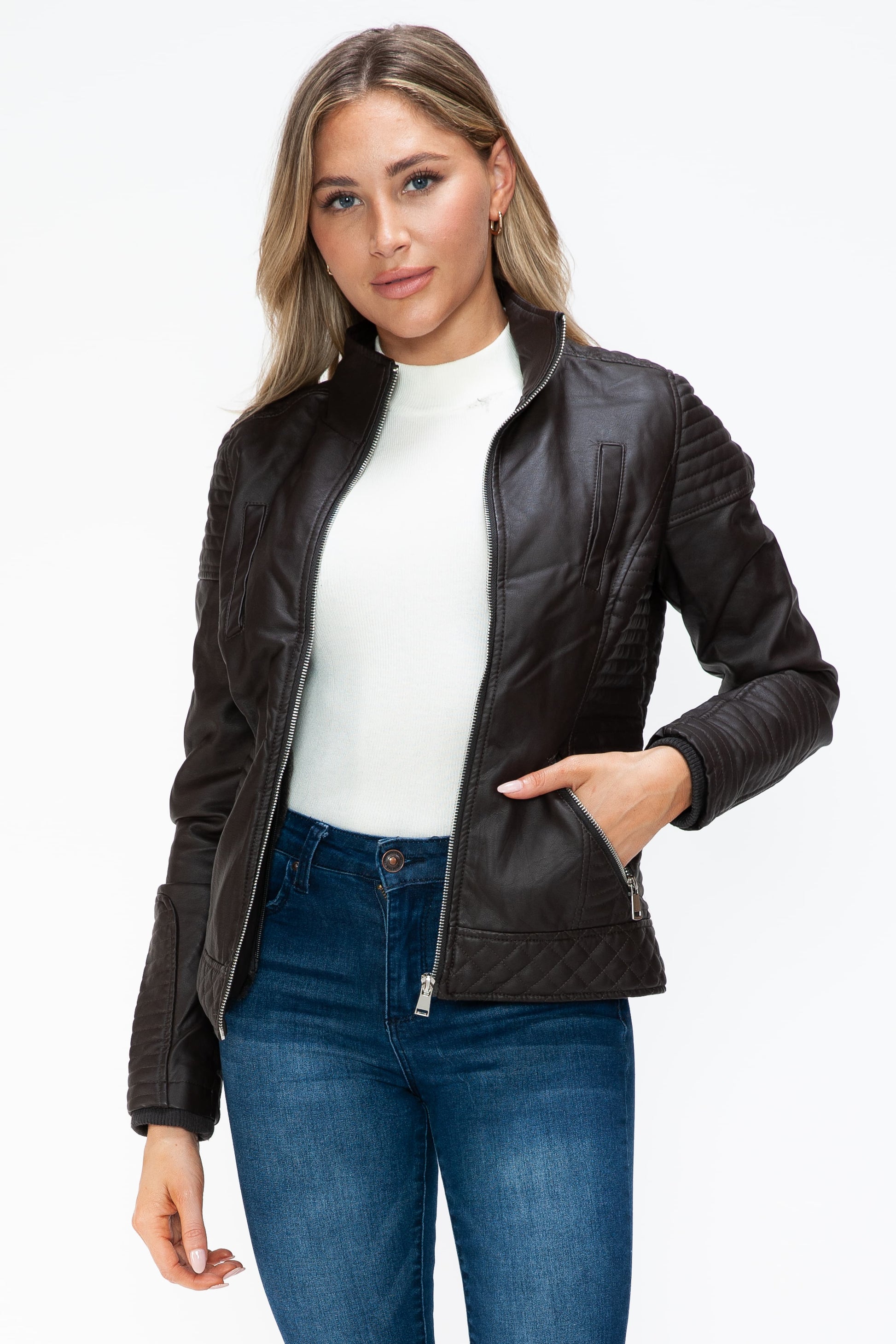 YMI Faux Layered Double-Zipper Jacket with Fuzzy Hood - Teresa's Fashionista LLC
