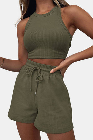 Round Neck Top and Drawstring Shorts Set-Teresa's Fashionista LLC