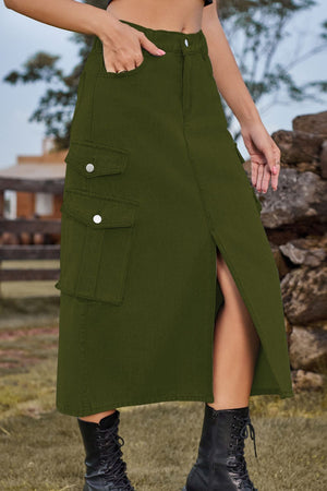 Slit Front Midi Denim Skirt with Pockets-Teresa's Fashionista LLC