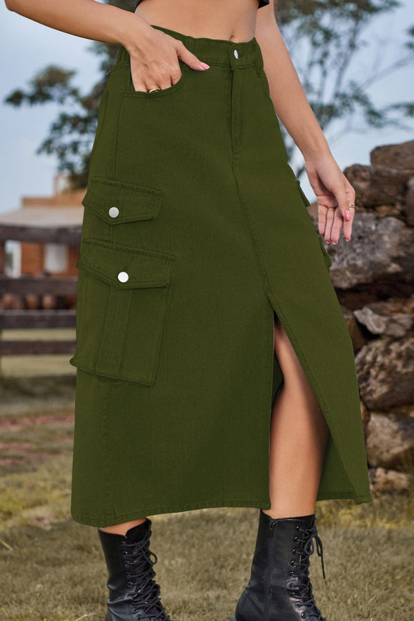 Slit Front Midi Denim Skirt with Pockets-Teresa's Fashionista LLC