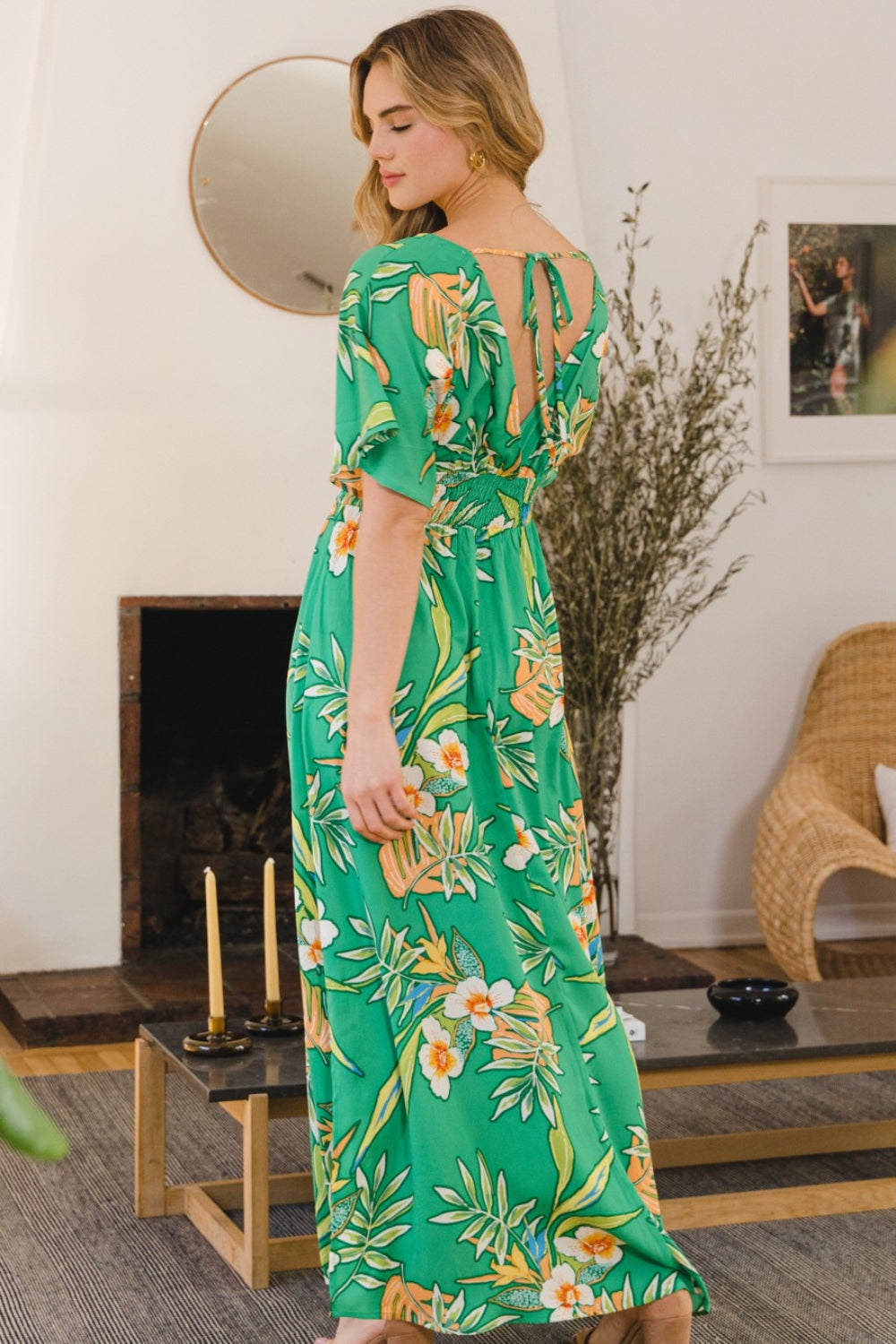 ODDI Full Size Floral Smocked Tied Back Maxi Dress-Teresa&#39;s Fashionista LLC