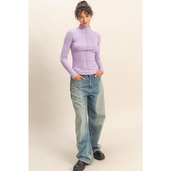 Ribbed High Neck Seam Detail Long Sleeve Top