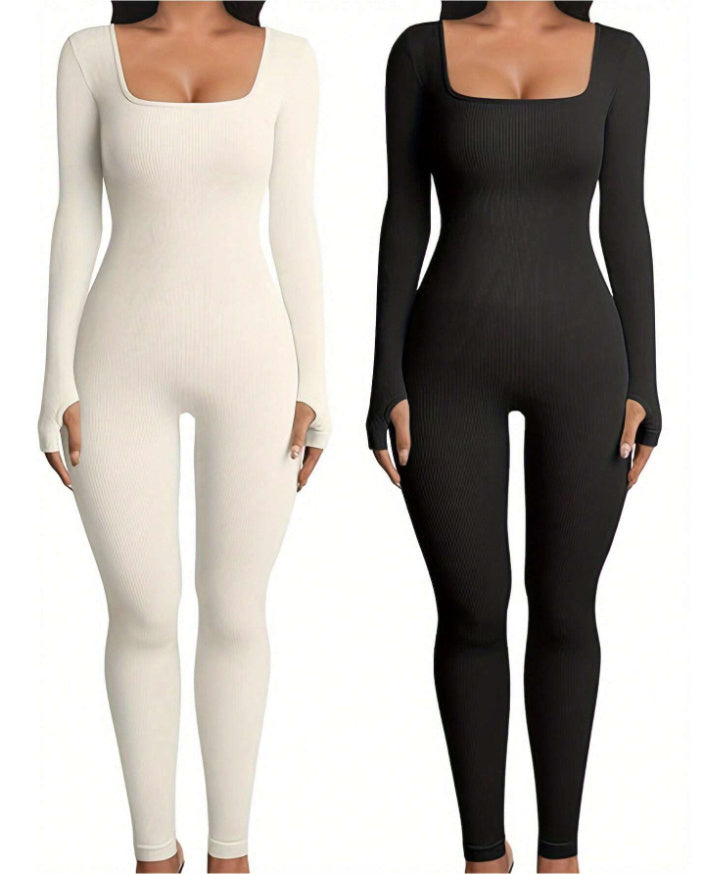 Women's Yoga Sports Fitness Jumpsuit Workout Long Sleeve Square Collar Clothing - Teresa's Fashionista LLC