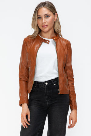 Snobbish Faux Leather Zip Up Drawstring Hooded Jacket - Teresa's Fashionista LLC