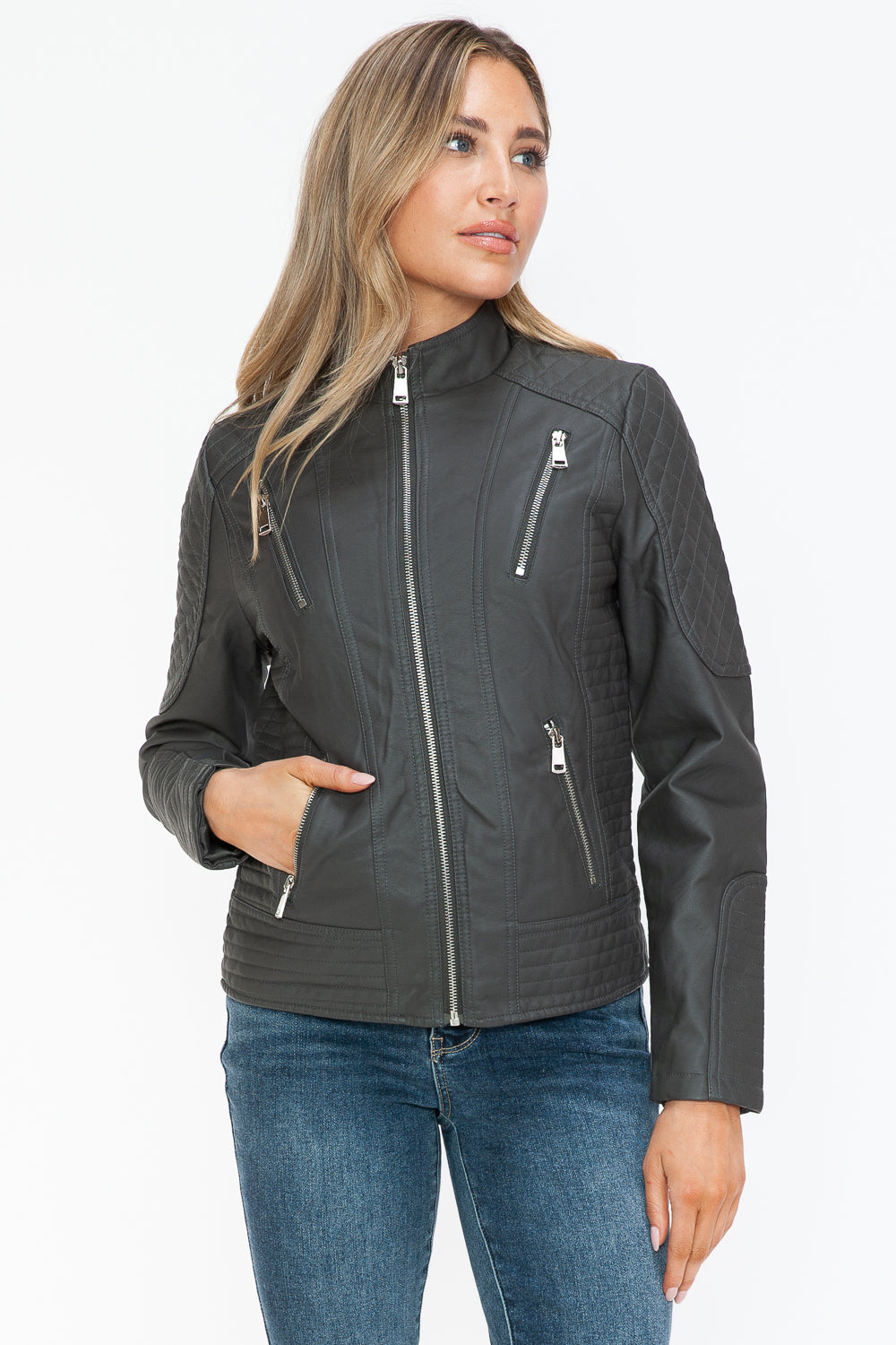 Snobbish Faux Leather Zip Up Mock Neck Jacket - Teresa's Fashionista LLC