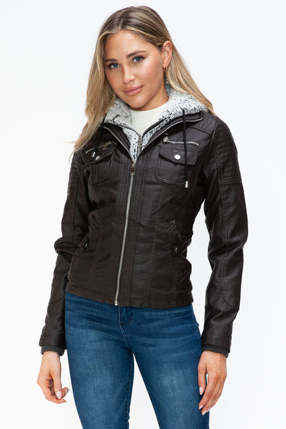 YMI Removable Faux Layered Multi-Pocket Jacket with Fuzzy Hood - Teresa's Fashionista LLC