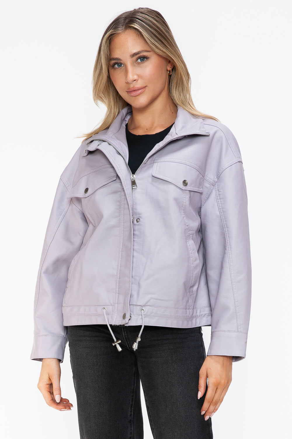How Dare U Drawstring Hem PU Leather Zip Up Jacket - Teresa's Fashionista LLC