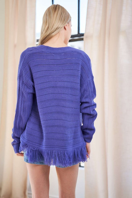 Davi & Dani Fringe V-Neck Button Up Long Sleeve Cardigan - Teresa's Fashionista LLC