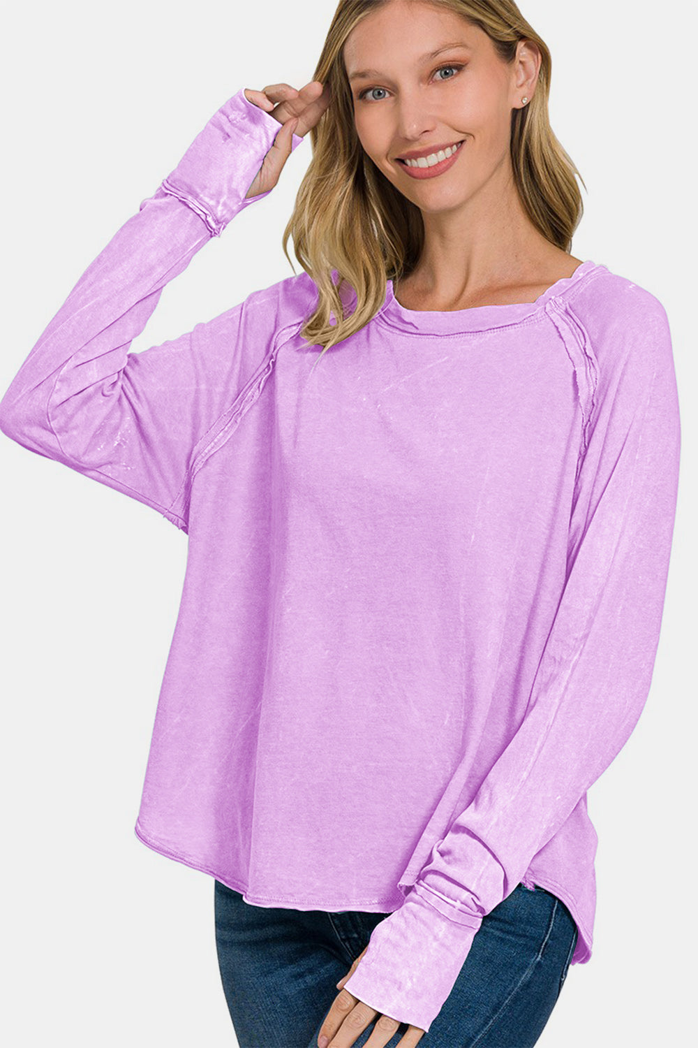 Zenana Round Neck Thumbhole Long Sleeve T-Shirt - Teresa's Fashionista LLC