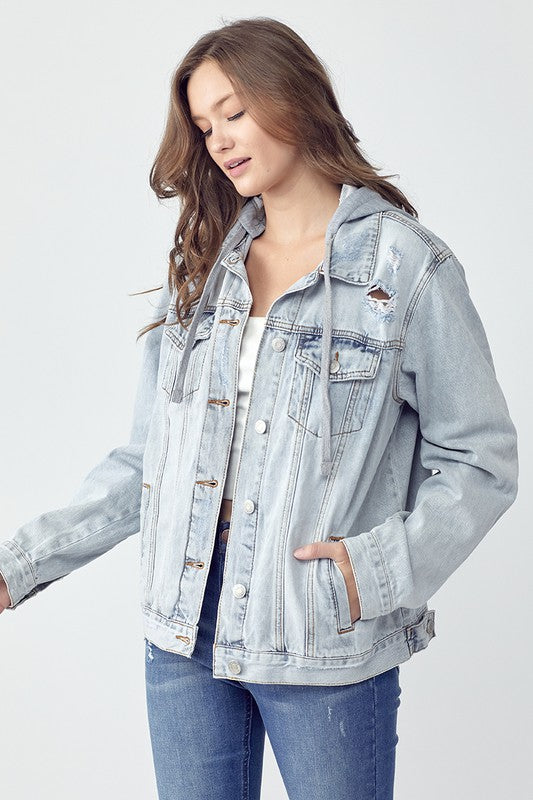 RISEN Full Size Distressed Drawstring Hooded Denim Jacket - Teresa's Fashionista LLC