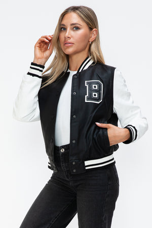 Love Me Now PU Leather Contrast Snap Down Bomber Jacket - Teresa's Fashionista LLC