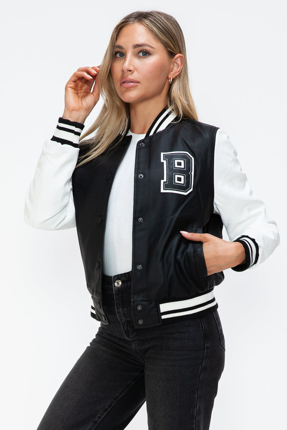 Love Me Now PU Leather Contrast Snap Down Bomber Jacket - Teresa's Fashionista LLC