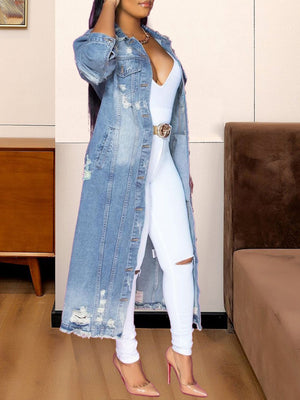 Long Sleeve Raw Hem Denim Jacket-Teresa's Fashionista LLC