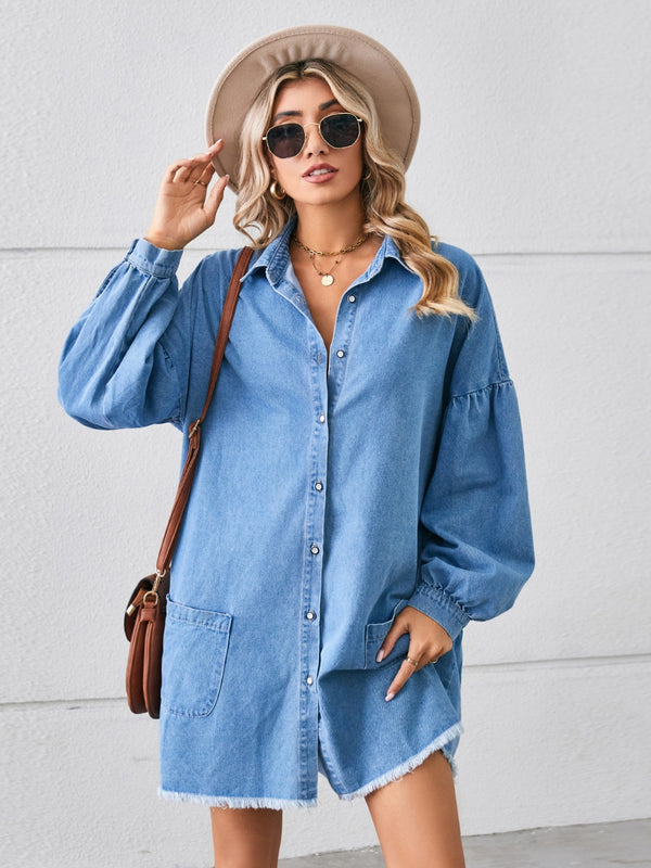 Button Up Pocketed Raw Hem Denim Dress-Teresa's Fashionista LLC