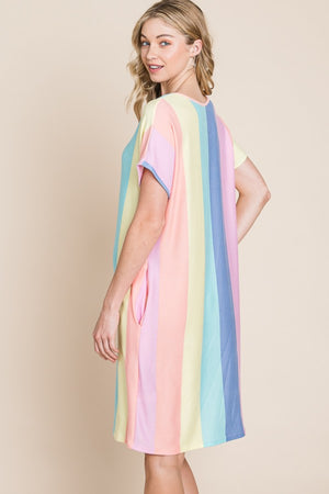 BOMBOM Striped Short Sleeve Dress with Pockets-Teresa's Fashionista LLC