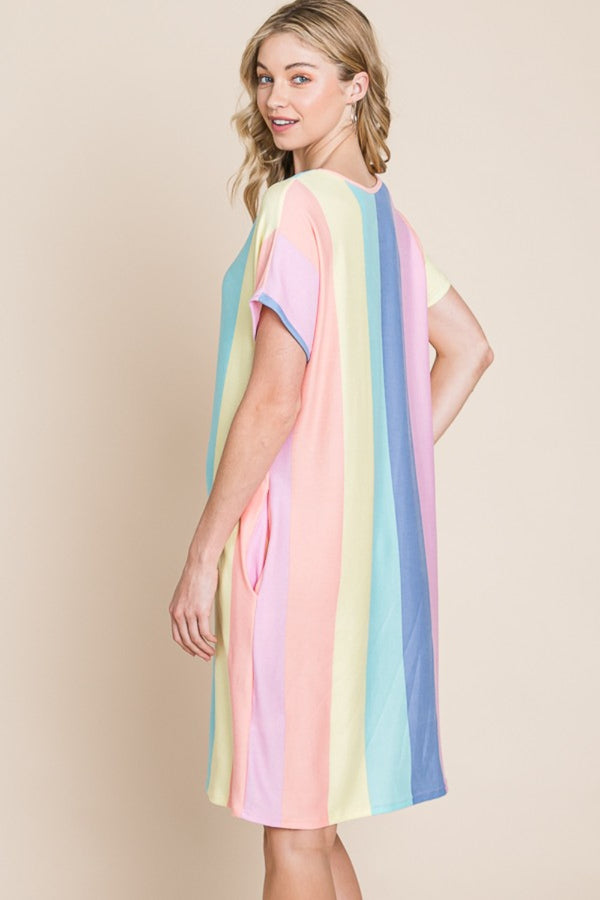 BOMBOM Striped Short Sleeve Dress with Pockets-Teresa's Fashionista LLC