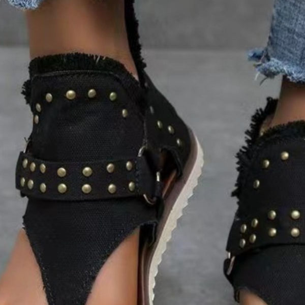 Studded Raw Hem Flat Sandals-Teresa's Fashionista LLC