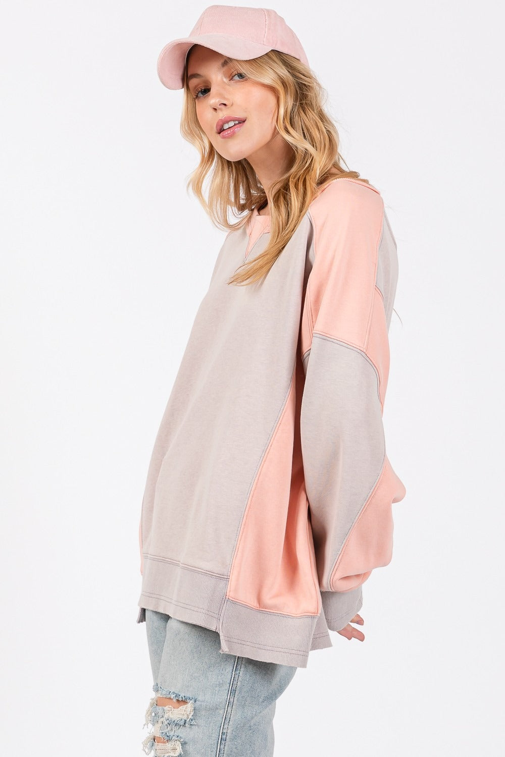 SAGE + FIG Color Block Round Neck Sweatshirt - Teresa's Fashionista LLC