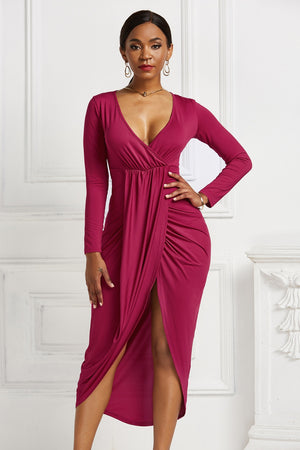 High-low Ruched Surplice Long Sleeve Dress-Teresa's Fashionista LLC