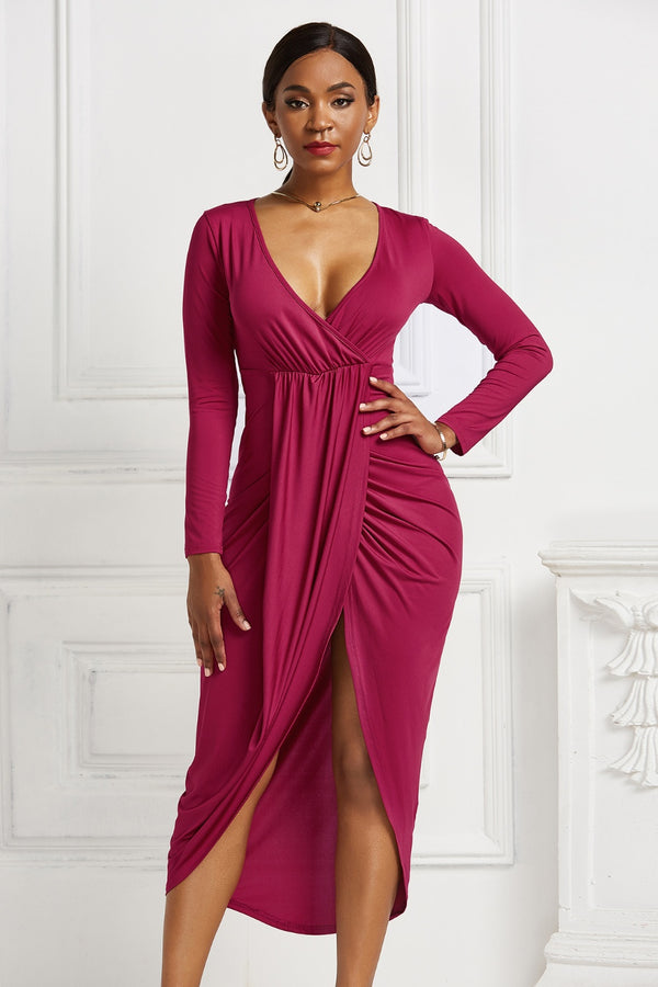 High-low Ruched Surplice Long Sleeve Dress-Teresa's Fashionista LLC
