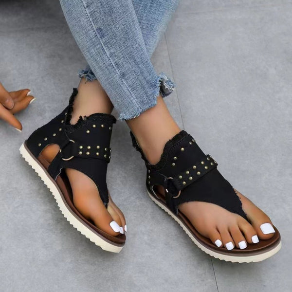 Studded Raw Hem Flat Sandals-Teresa's Fashionista LLC