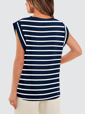 Striped Round Neck Cap Sleeve T-Shirt-Teresa's Fashionista LLC