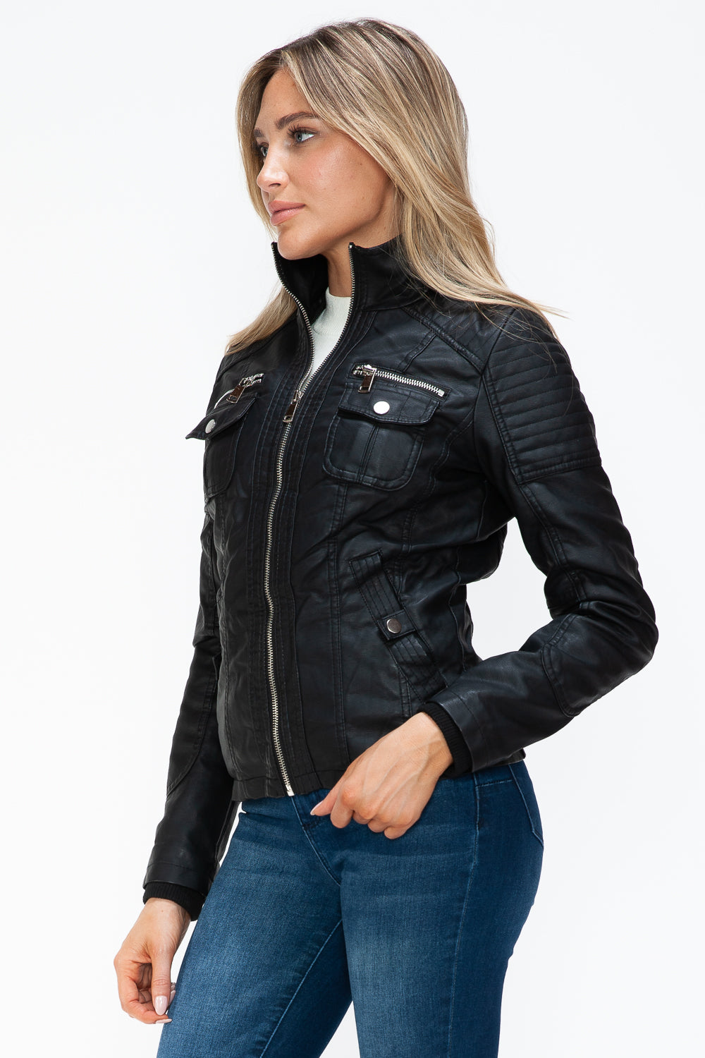 YMI Removable Faux Layered Multi-Pocket Jacket with Fuzzy Hood - Teresa's Fashionista LLC