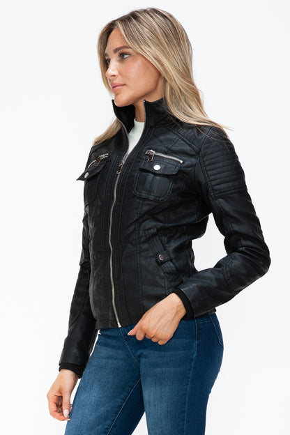 YMI Removable Faux Layered Multi-Pocket Jacket with Fuzzy Hood - Teresa's Fashionista LLC