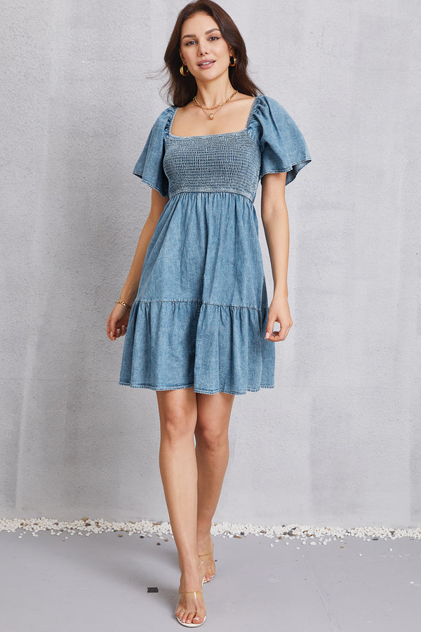 Smocked Square Neck Mini Denim Dress-Teresa's Fashionista LLC