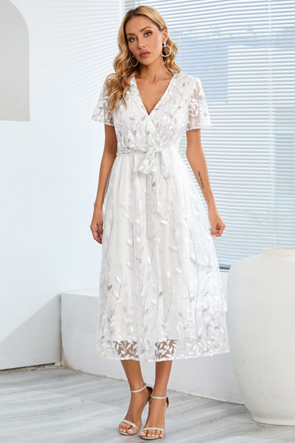 Sequin Leaf Embroidery Tie Front Short Sleeve Dress-Teresa's Fashionista LLC