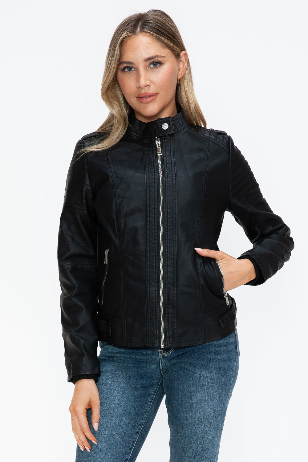 Snobbish PU Leather Biker Jacket with Side Zip Pockets - Teresa's Fashionista LLC