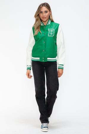 Love Me Now PU Leather Contrast Snap Down Bomber Jacket - Teresa's Fashionista LLC