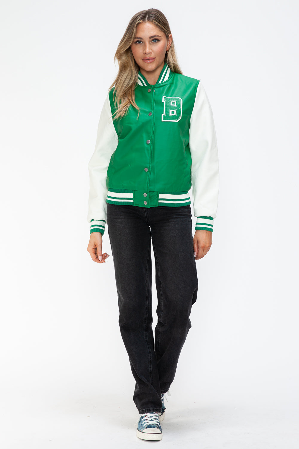 Love Me Now PU Leather Contrast Snap Down Bomber Jacket - Teresa's Fashionista LLC