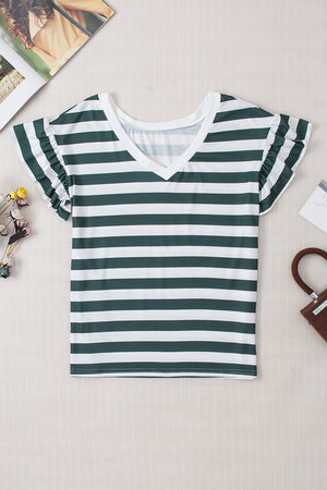 Striped V-Neck Flounce Sleeve Top-Teresa's Fashionista LLC