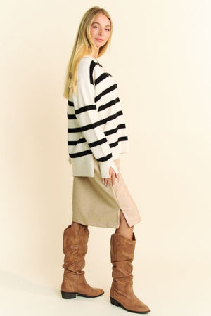 Davi & Dani High-Low Side Slit Striped Johnny Collar Sweater - Teresa's Fashionista LLC