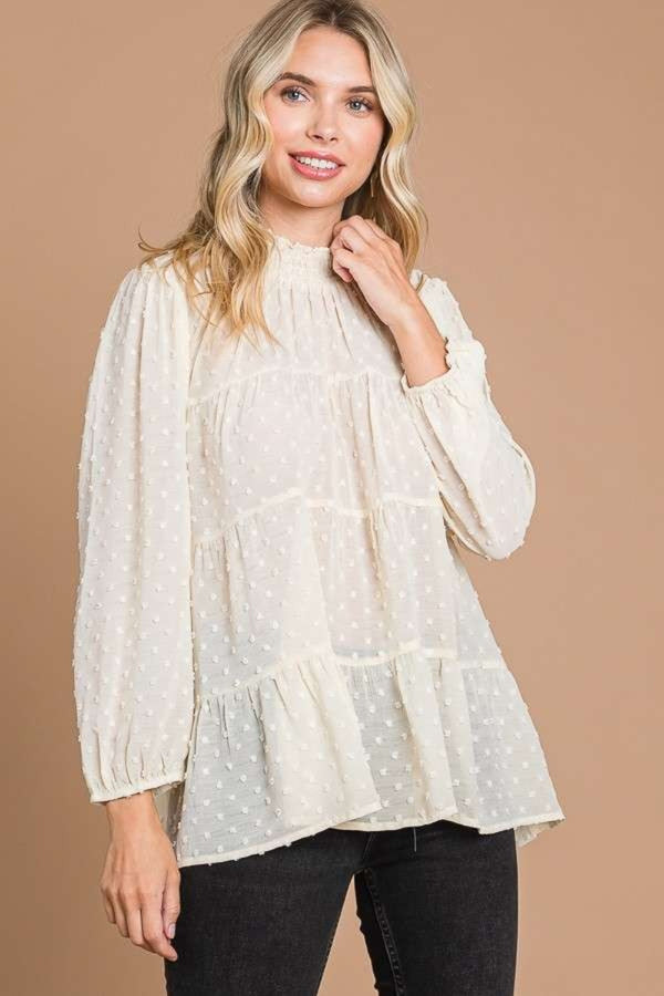 Culture Code Full Size Swiss Dot Smocked Mock Neck Blouse-Teresa's Fashionista LLC