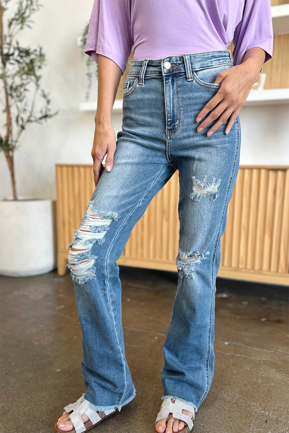 Judy Blue Full Size Distressed Raw Hem Bootcut Jeans - Teresa's Fashionista LLC