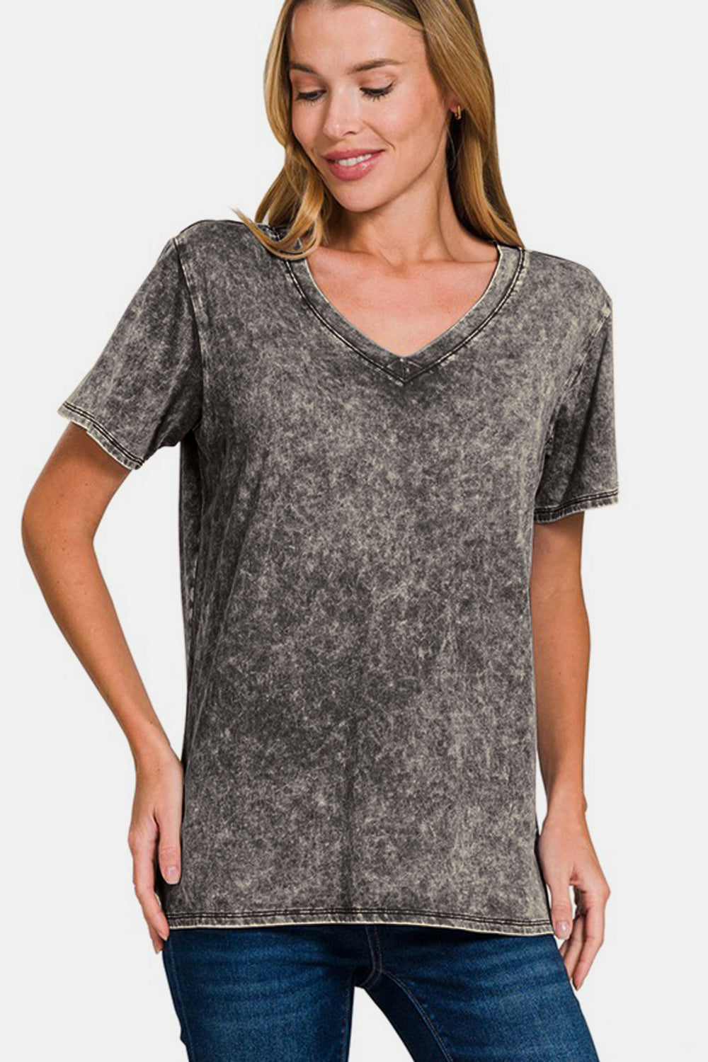 Zenana Full Size Washed Short Sleeve V-Neck T-Shirt - Teresa's Fashionista LLC