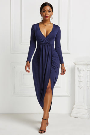 High-low Ruched Surplice Long Sleeve Dress-Teresa's Fashionista LLC